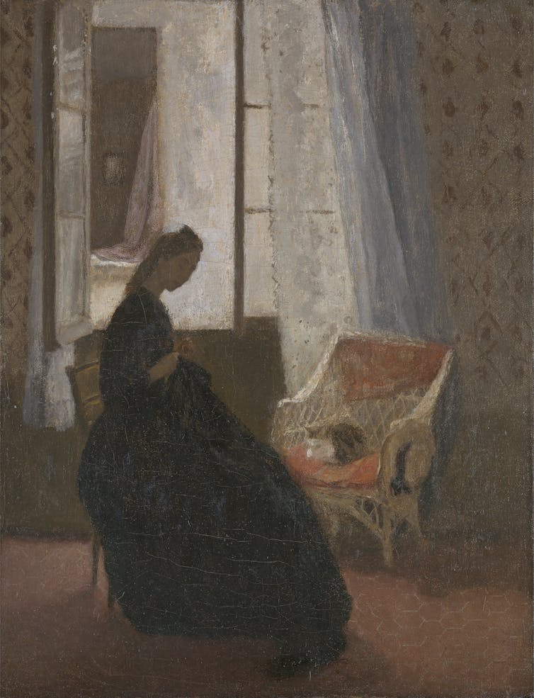 A shadowy painting of a woman in a long dress at a window, the curtain billowing.