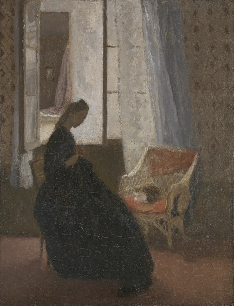 A shadowy painting of a woman in a long dress at a window, the curtain billowing.