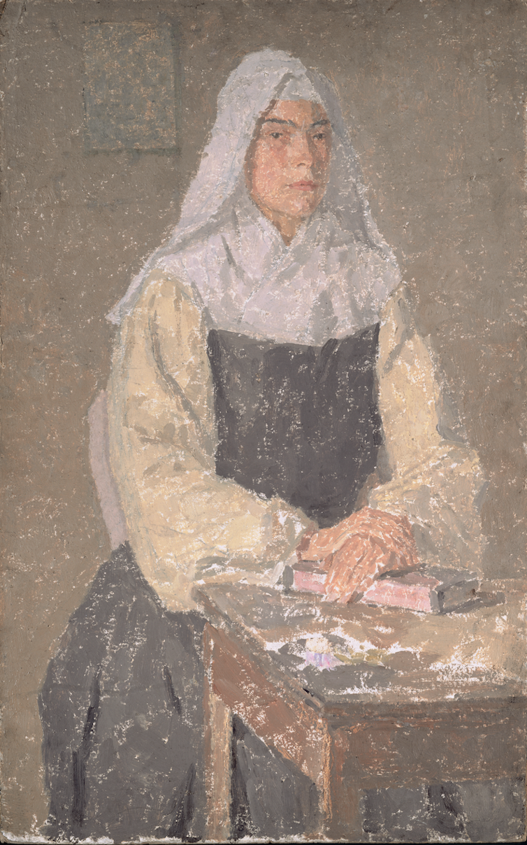 A painting of a nun in a muted palette of beige and grey.