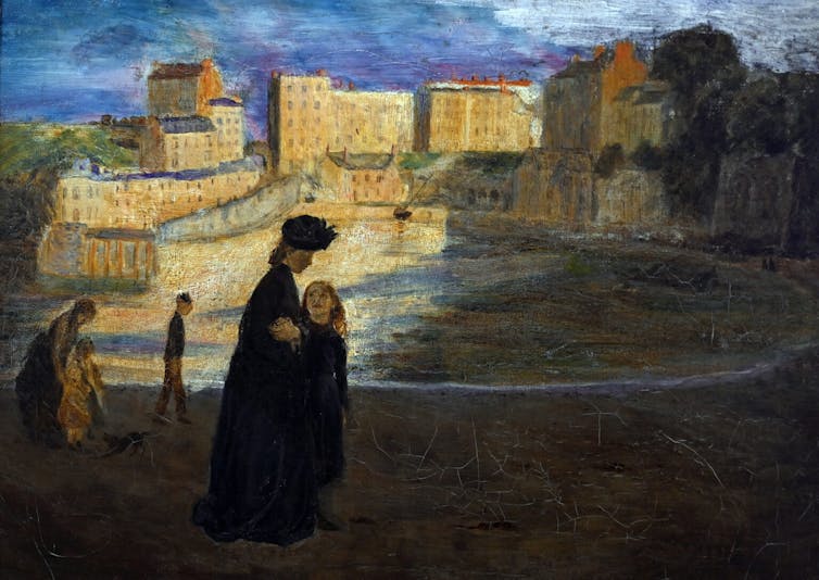 A painting of some buildings in sunlight with some figures in shadow in the foreground.