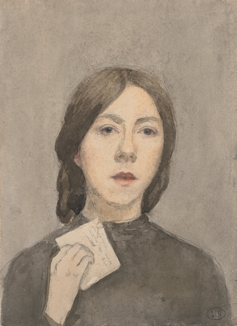 A head and shoulders painting of a young woman holding a letter up to her throat.