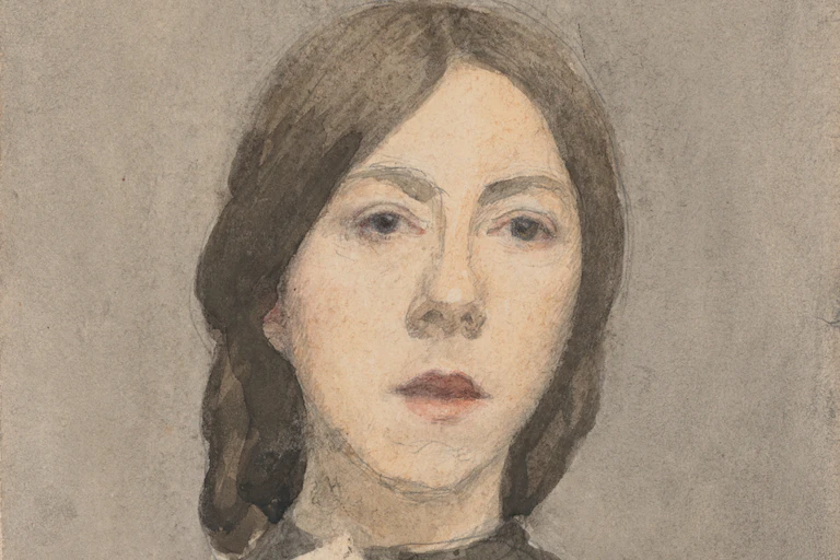 A head and shoulders painting of a young woman holding a letter up to her throat.