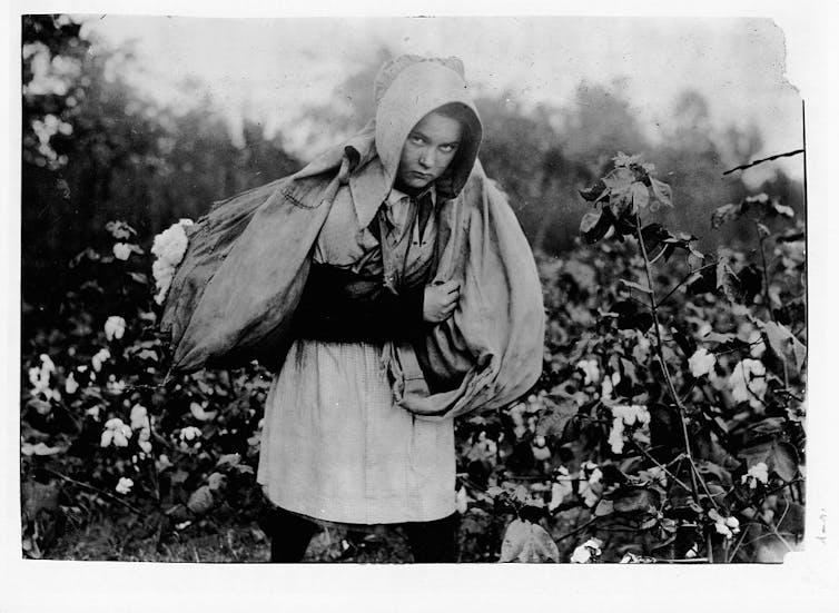 Hooded girl in a field of cotton stares forlornly at the camera.