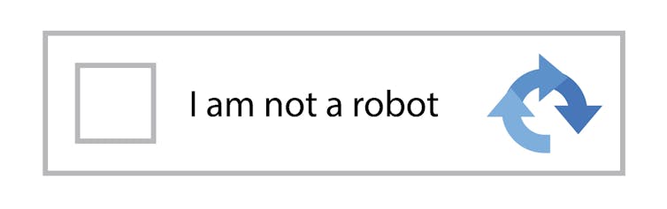 A typical 'captcha' message featuring a square on the left, the words 'I am not a robot' in the middle and three interconnected curved arrows forming a semicircle