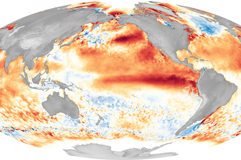 A satellite image shows warm water along the equator west of South America.