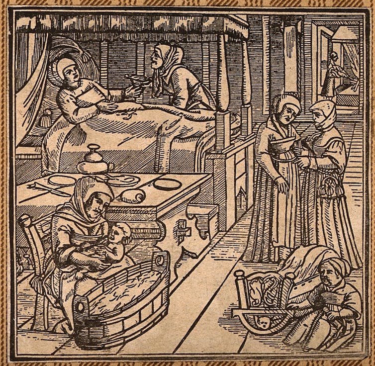 A woodcut depicts a woman who has just recently finished giving birth being attended by various midwives