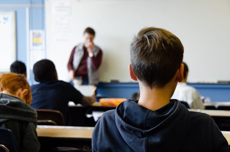 boy sits in classroom, viewed from behind