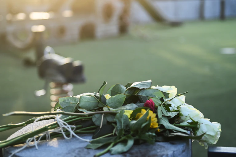 Des fleurs ont été déposées aux Jardins de l'Europe, à Annecy, en hommage aux six blessés d'une attaque au couteau. Parmi les victimes, quatre petits enfants, entre 22 mois et 3 ans.