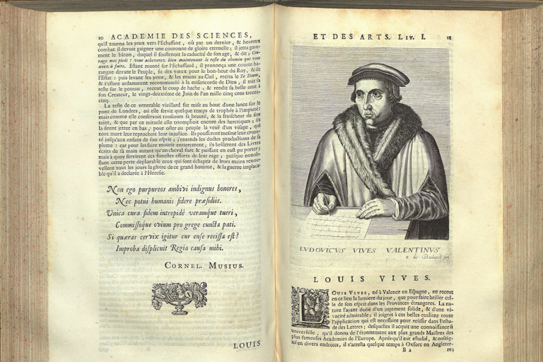 Página de un libro en francés que glosa la carrera de Juan Luis Vives con un retrato suyo.