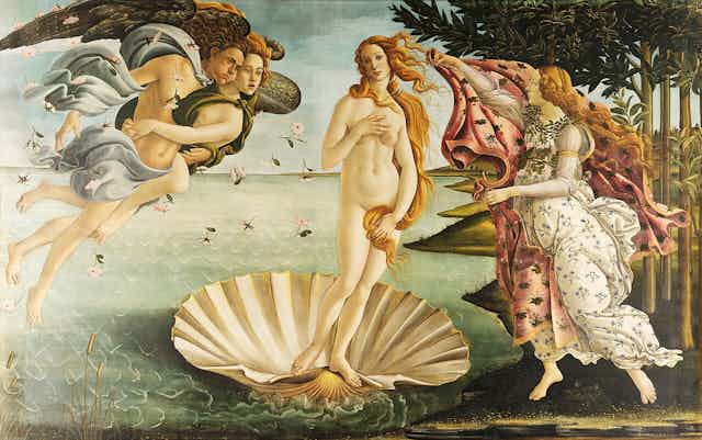 Venus en el momento en que, tras nacer en el mar, llega en una concha a una isla.