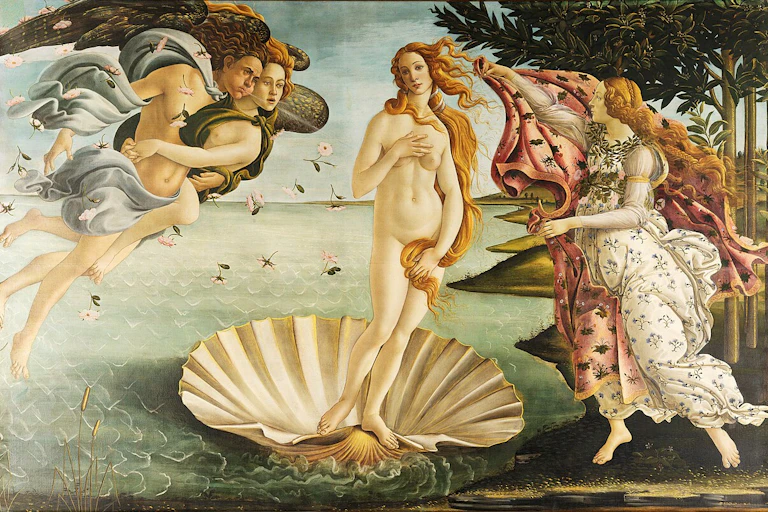 Venus en el momento en que, tras nacer en el mar, llega en una concha a una isla.