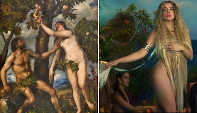 A la izquierda, pintura de una mujer desnuda con una hoja tapándole el pubis ante la mirada de un hombre también desnudo. A la derecha, fotografía de una cantante desnuda, tapándose el pecho y el pubis con el pelo largo.
