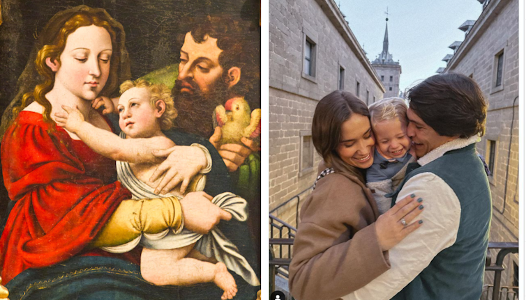 A la izquierda una pintura en la que aparecen la Virgen, el niño abrazando a su madre y San José. A la derecha, una foto de una mujer abrazando a un niño pequeño y a un hombre.