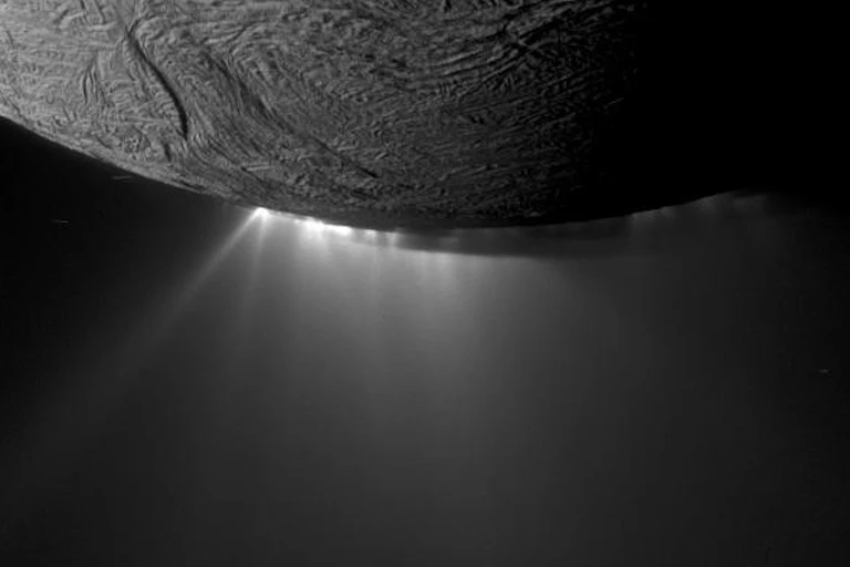 Ice particles, with just a trace of phosphates, venting from near Enceladus's south pole, as imaged by Cassini in 2010.