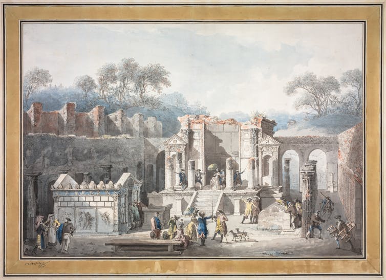 Tempio di Iside a Pompei.  Incisione di Francesco Piranesi, colorata a mano da Louis-Jean Desprez, 1788. Cleveland Museum of Art, CC BY-SA.