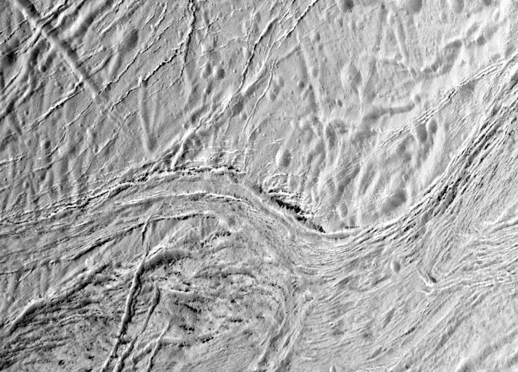 Cross-cutting ridges and grooves on the surface of Enceladus