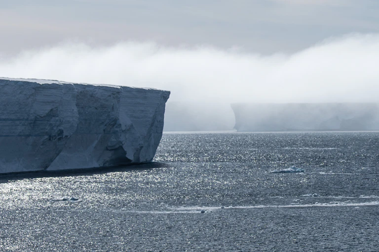 A blanket of fog draped over two vast icebergs.