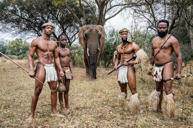Four men of varying ages pose in traditional Zulu attire with an elephant in the bushvekld.