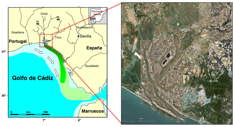 Mapa del golfo de Cádiz, estrecho de Gibraltar y mar Mediterráneo que muestra la pluma de contaminación procedente de los ríos Tinto y Odiel en el océano y detalle del estuario ría de Huelva.
