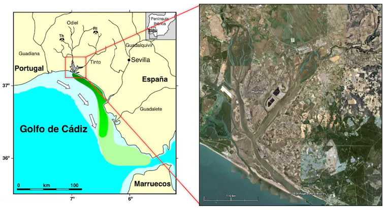 Mapa del golfo de Cádiz, estrecho de Gibraltar y mar Mediterráneo que muestra la pluma de contaminación procedente de los ríos Tinto y Odiel en el océano y detalle del estuario ría de Huelva.