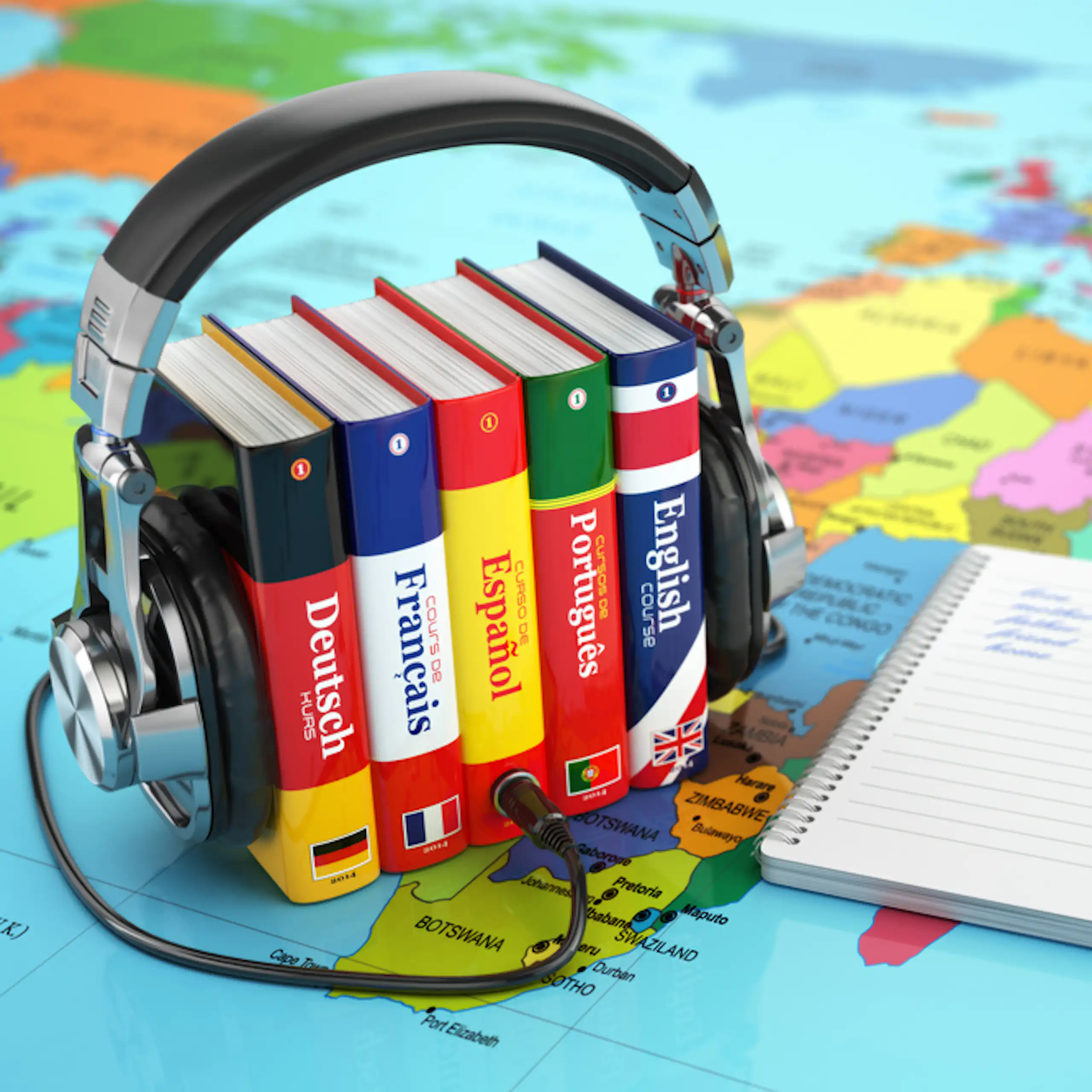 Concept de livres sonores. Livres et casques sur un planisphère