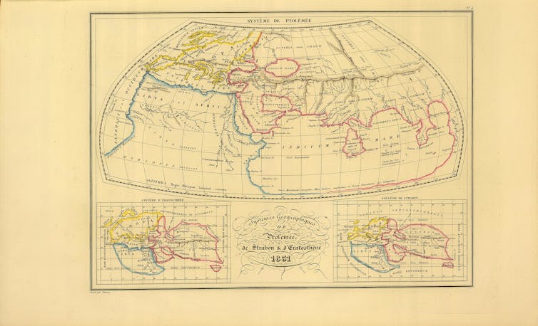 Tres mapas del mundo según el concepto de tres antiguos geógrafos griegos.