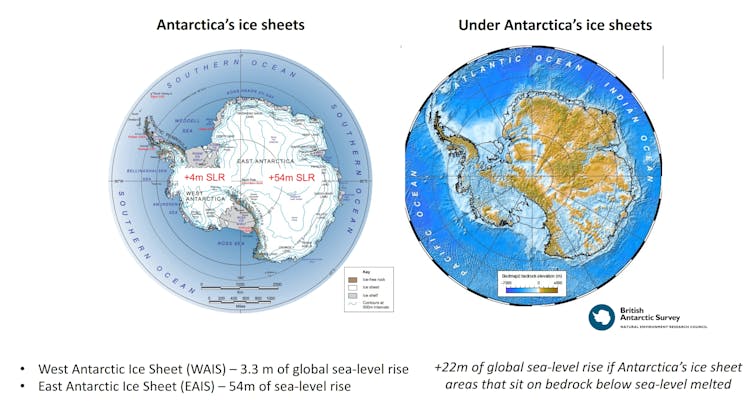 Две карты Антарктиды показывают, что уровень моря поднимается, если части ледяного щита континента таят.