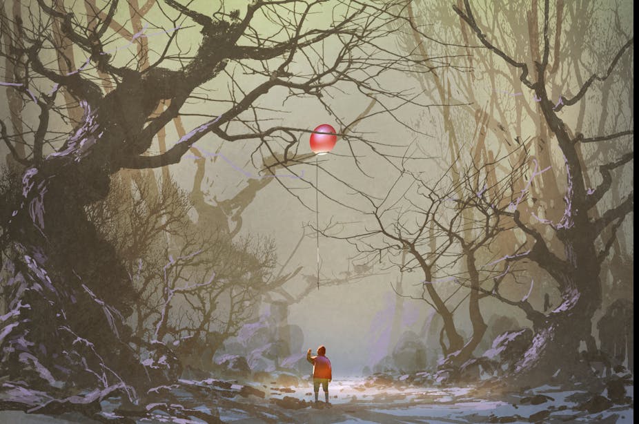 Illustration d'un enfant perdu dans une forêt sombre.