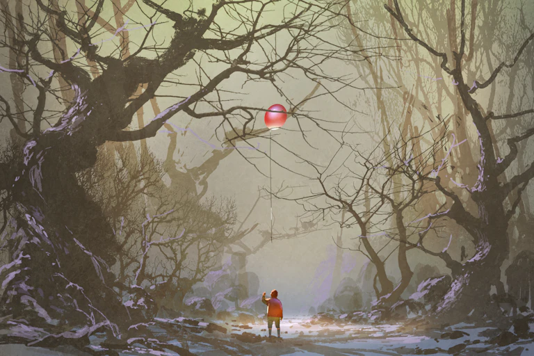 Illustration d'un enfant perdu dans une forêt sombre.