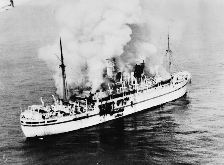A boat on fire.