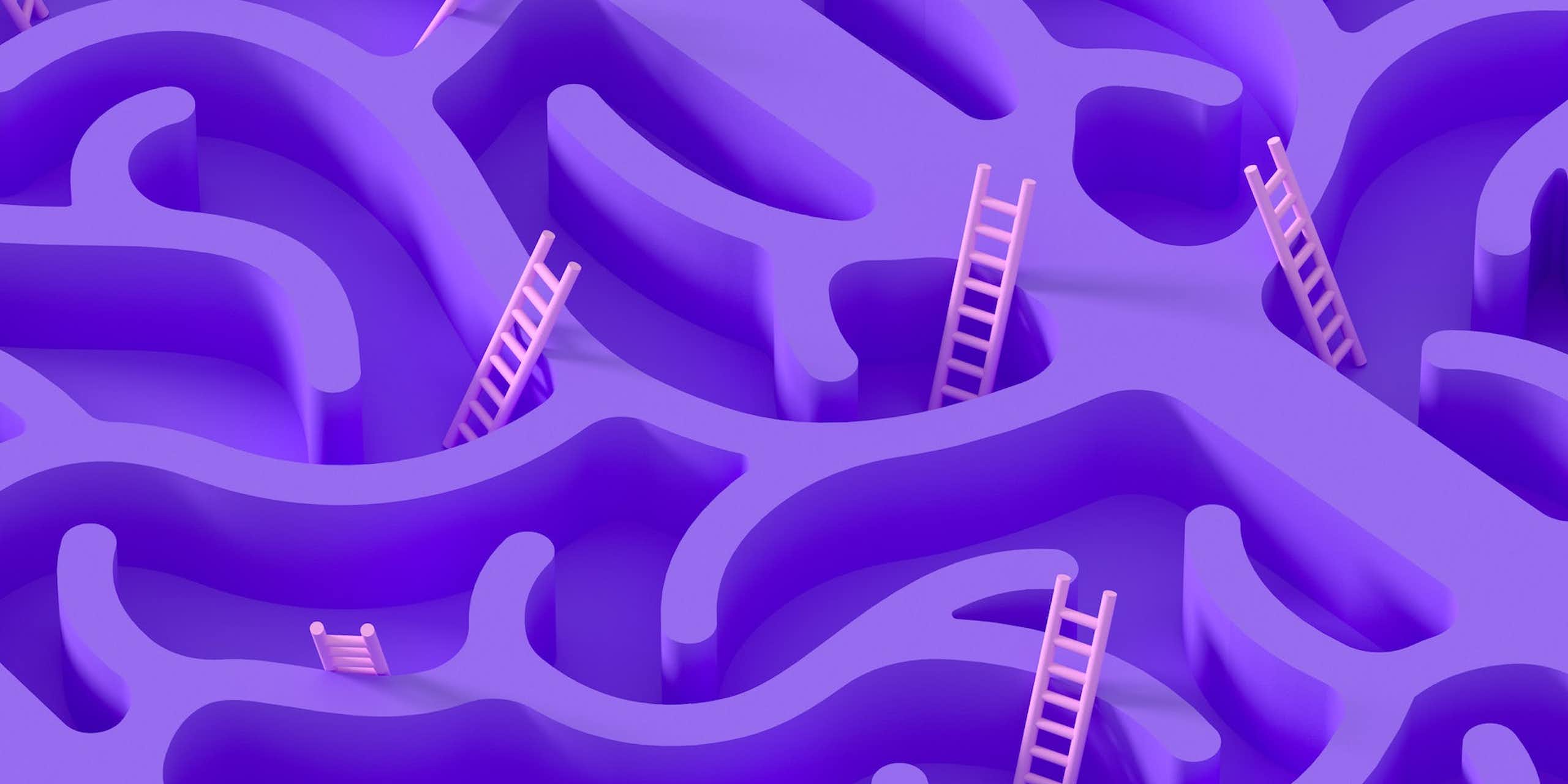 Illustration d'un labyrinthe cérébral violet avec des échelles roses passant par-dessus les murs.