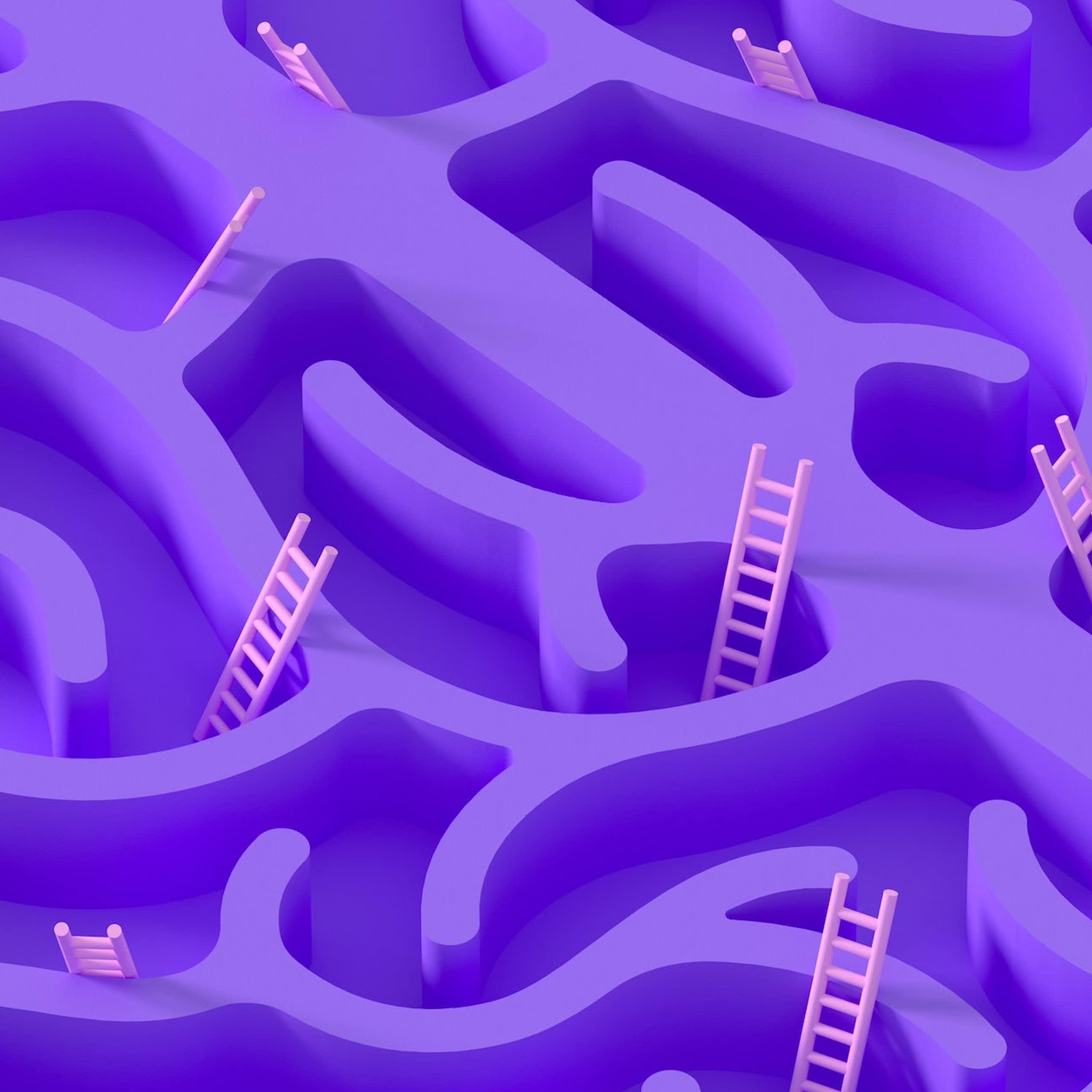 Illustration d'un labyrinthe cérébral violet avec des échelles roses passant par-dessus les murs.