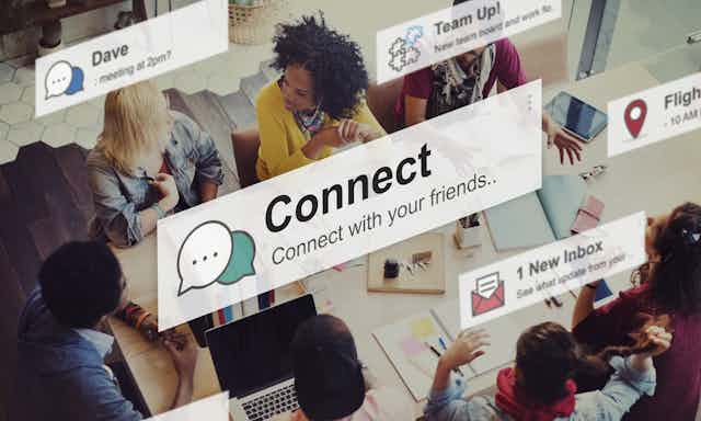 Concept image of young people engaging in person and online.