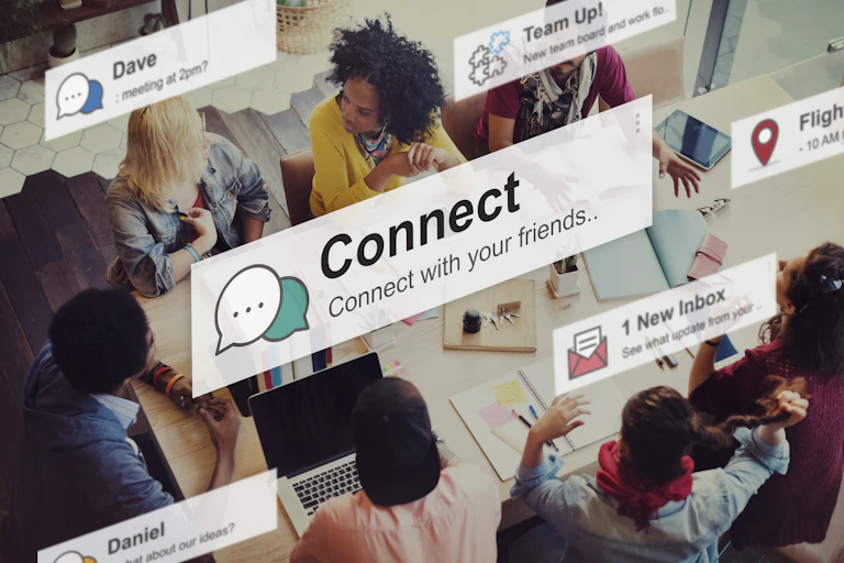Concept image of young people engaging in person and online.