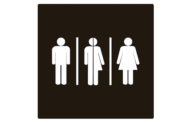 A sign for a bathroom in black and white, showing a man, a woman and a half-man-half woman figure symbolising unisex