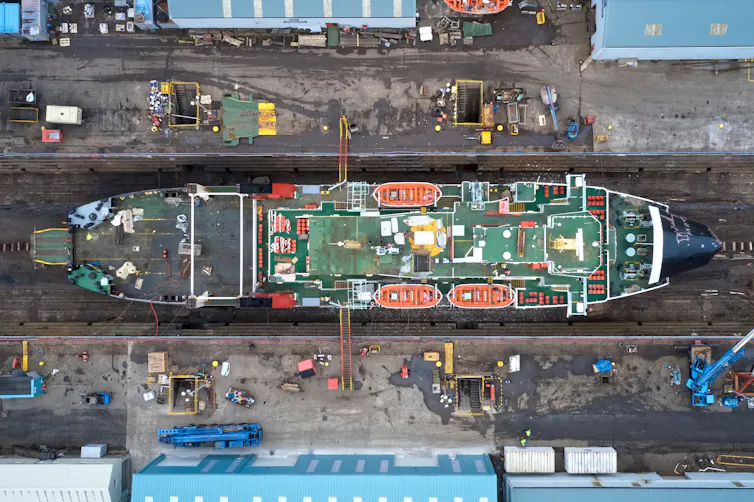 An overhead view of a shipyard.
