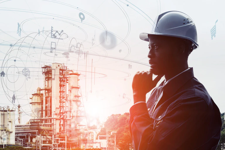 a man in a hard hat gazes into space. there are buildings and scaffolding in the background, and floating images.