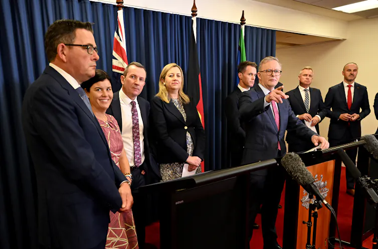Line-up of premiers and prime minister announcing outcomes of National Cabinet meeting