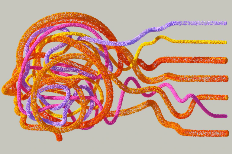 Coloured strands arranged int the shape of a human face