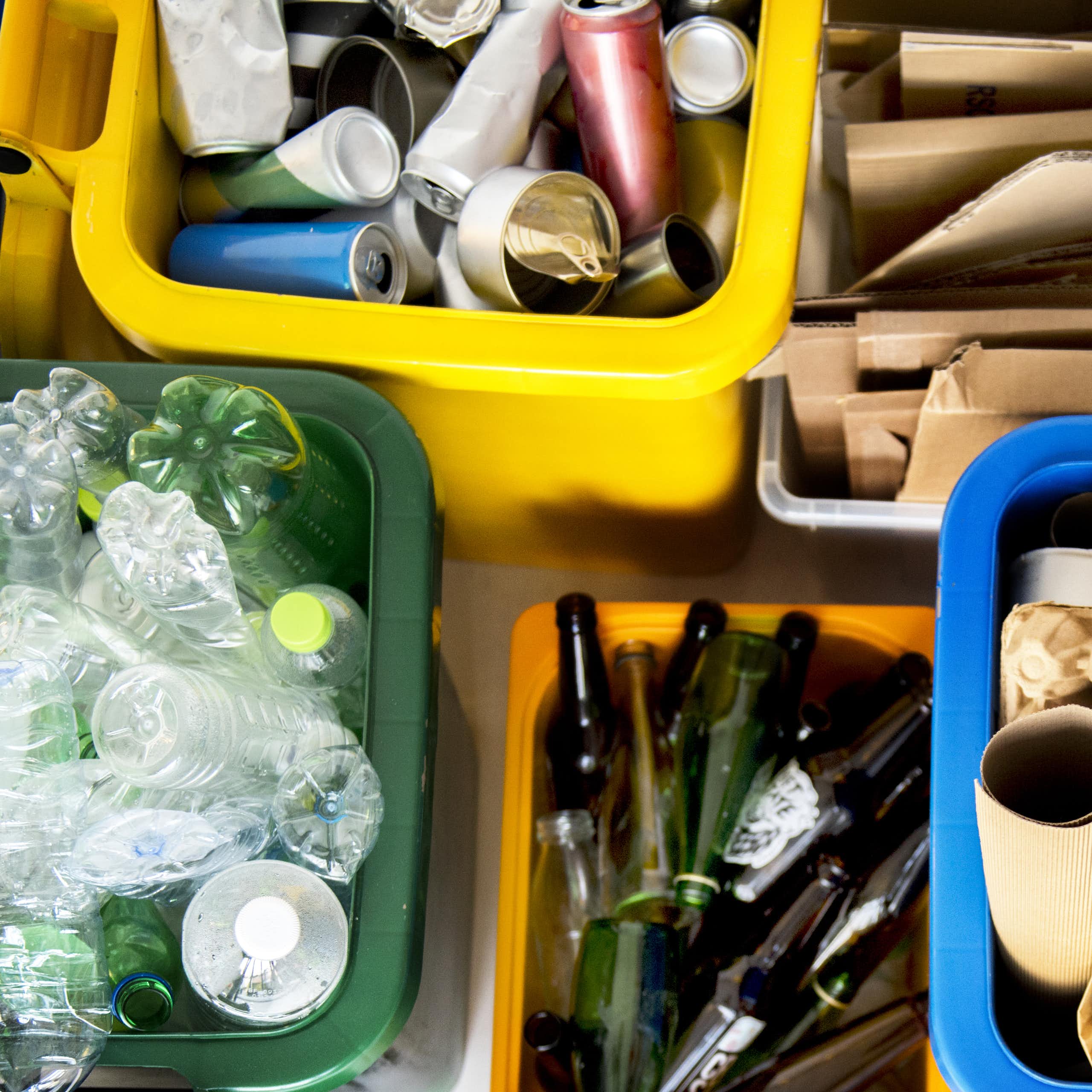 Des bacs à recyclage contenant du plastique, des cannettes, du verre et du carton