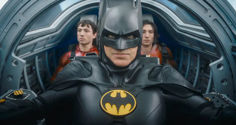 Ezra Miller as The Flash, Michael Keaton as Batman and Ezra Miller as The Flash in the cockpit of a plane.
