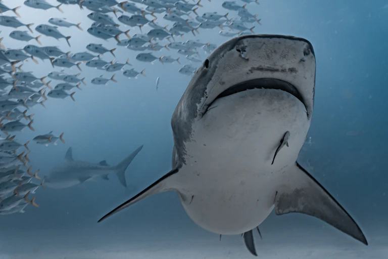Two Tiger sharks are swimming close to a shoal of fish.