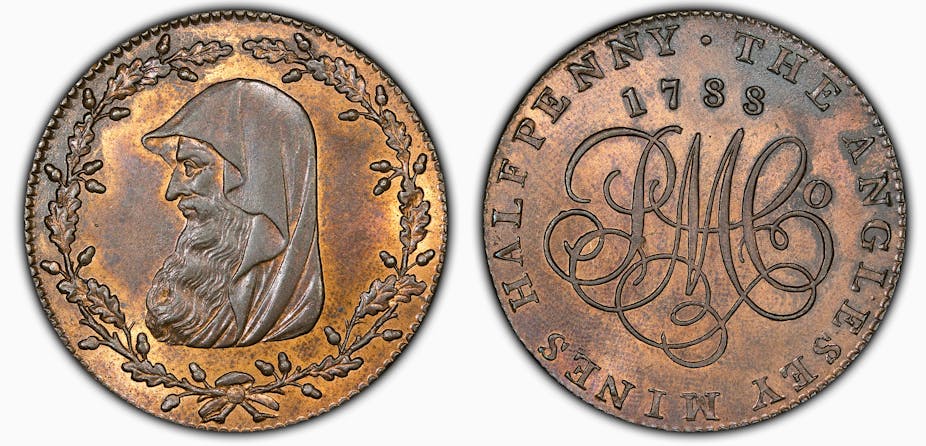 A composite image of two sides of the same coin. One side shows a bearded man in a hood. 