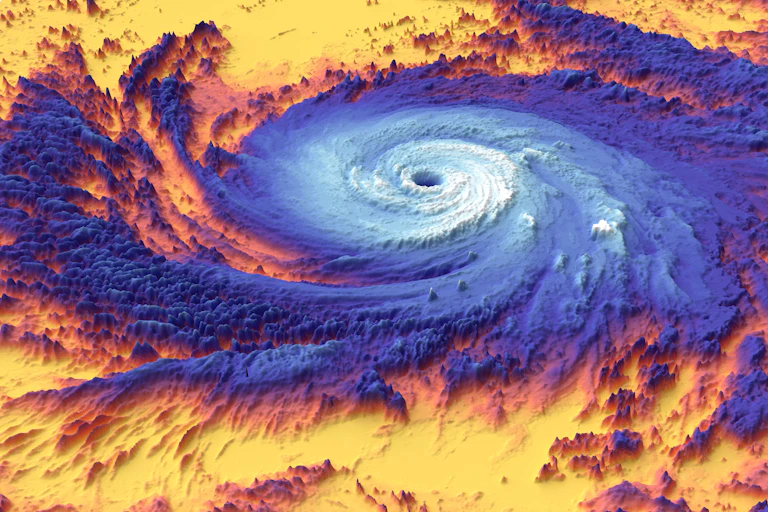 The colored satellite image shows the view from above the hurricane, with the eye clearly visible. The cloud tops are coolest but warm up quickly in the moisture and water below.