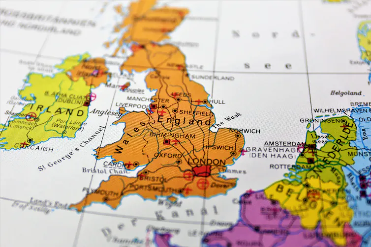 A coloured map of the UK and Ireland.