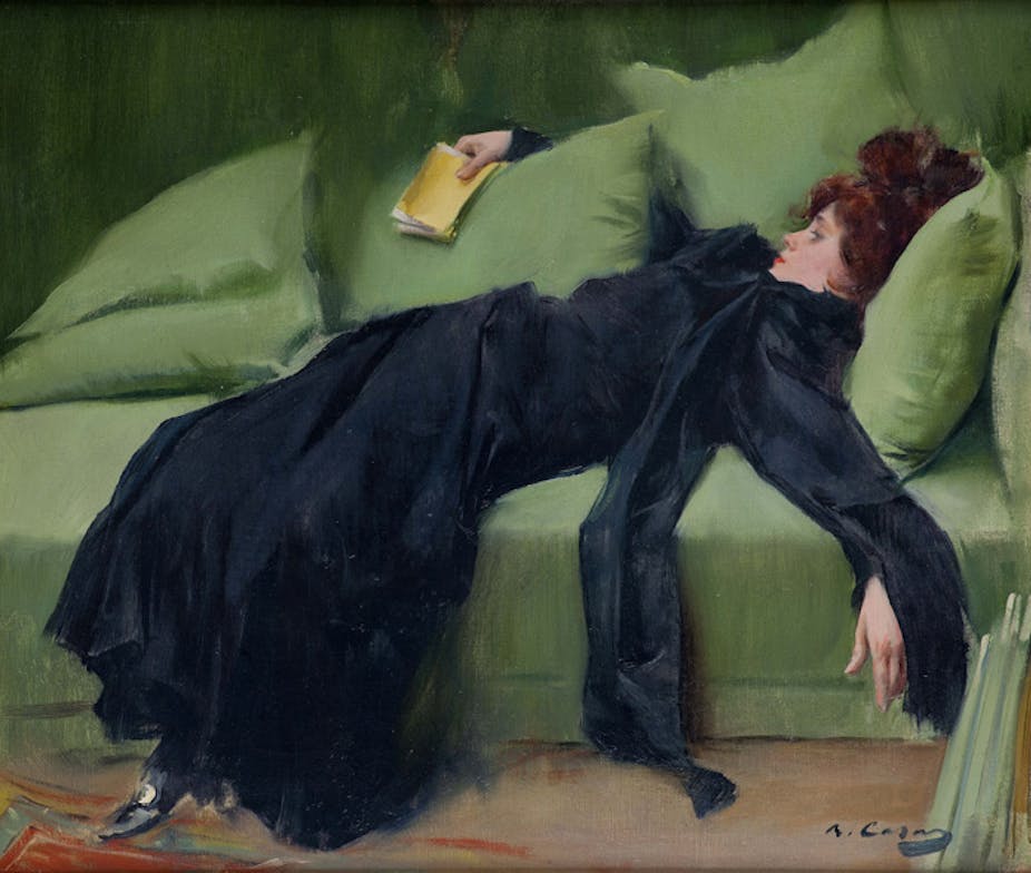 Painting of a young woman in black slumped on a sofa. She holds a yellow covered journal in her hand.