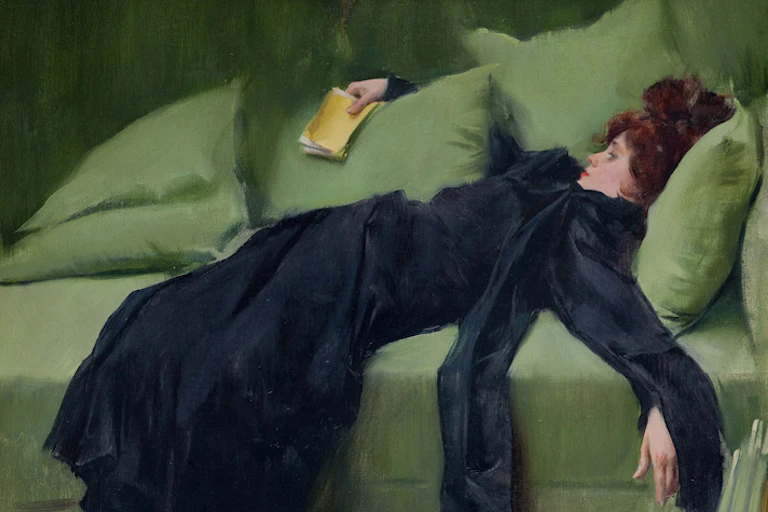 Painting of a young woman in black slumped on a sofa. She holds a yellow covered journal in her hand.