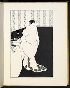 A black and white illustration of a woman at a sink in an elaborate shawl.