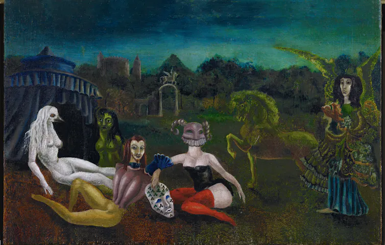 painting of several masked figures with a tent in the background and a winged figure on the right.