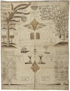 A faded manuscript page with intricate illustrations of plants.